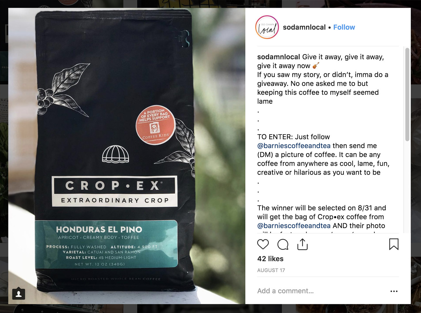 Barnie's Coffee Instagram Influencer Post