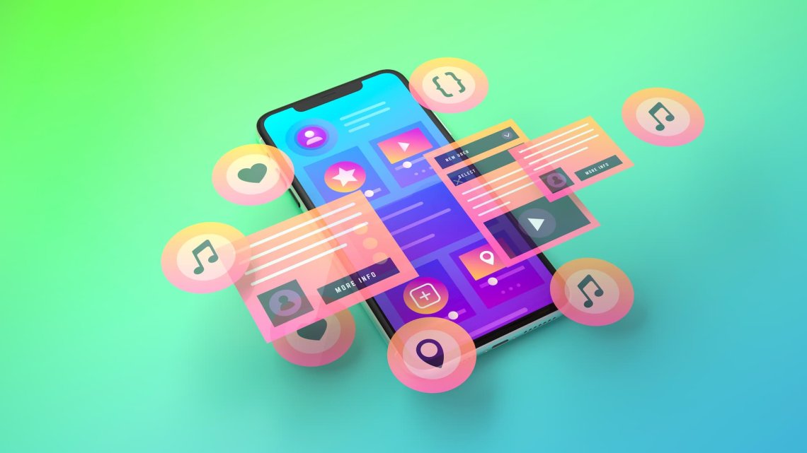 An illustration of a smartphone with icons and applications projecting out of the screen.