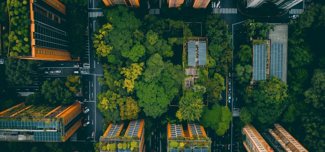 Top-down view of a city incorporating solar panels and green infrastructure.